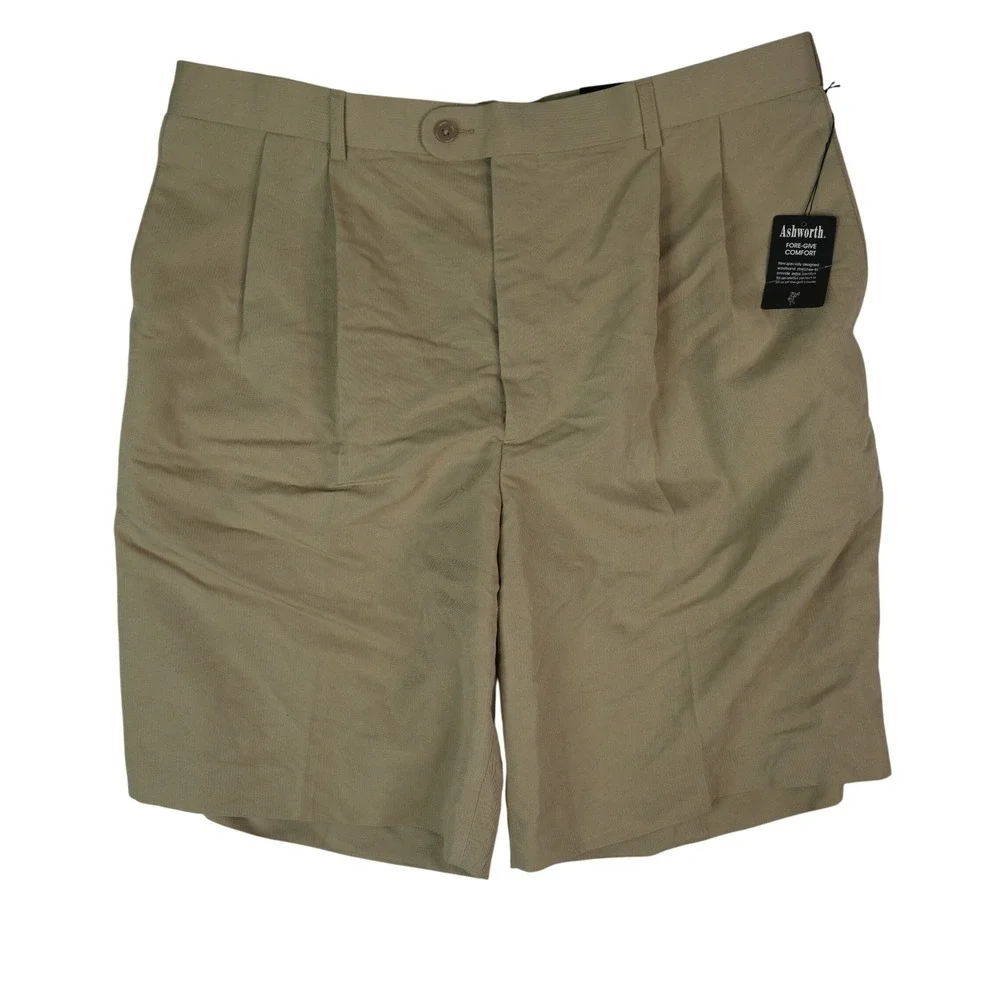 Ashworth Golf Shorts Mens 38x9.5 Khaki‎ Fore-Give Comfort Pleated Authentics New